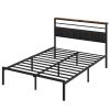 Queen Size Bed Frame with Charging Station, Platform Bed with Metal Slats, Upholstered Headboard with Storage Shelves, No Box Spring Needed, Black