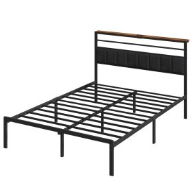 Queen Size Bed Frame with Charging Station, Platform Bed with Metal Slats, Upholstered Headboard with Storage Shelves, No Box Spring Needed, Black