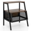 Industrial Nightstand 3-Tier End Table with 2 Open Shelves and Metal Mesh Compartment