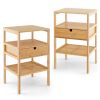 Nightstand Bamboo End Table with 2 Open Shelves and Drawer