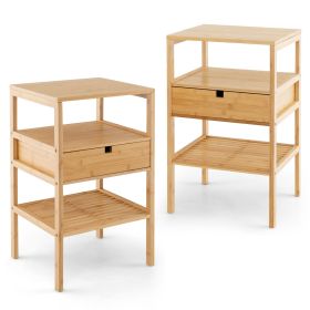 Nightstand Bamboo End Table with 2 Open Shelves and Drawer