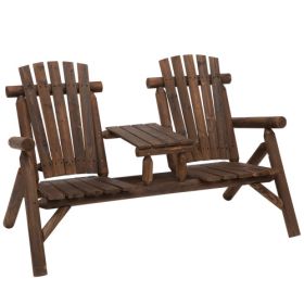 2-Seat Wooden Adirondack Chair, Patio Bench with Table, Outdoor Loveseat Fire Pit Chair for Porch, Backyard, Deck, Carbonized