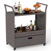 Handwoven PE Rattan Outdoor Bar Cart with Tempered Glass Top & Drawer, 4 Wheels with Brakes Serving Cart for Patio