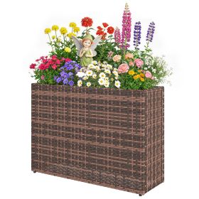 Tall Rectangular Planter with Removable Liner, Holes, PE Wicker Large Planter Box for Indoor Outdoor Plants, Brown