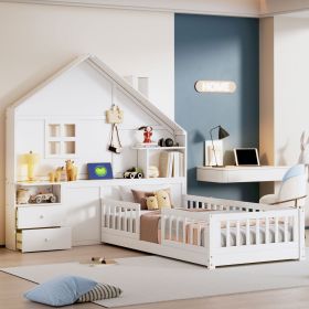 Twin Size House Bed with Window and Bedside Drawers, Platform Bed with Shelves and a set of Sockets and USB Port, White(OLD SKU:LT000422AAK)