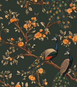 Peacock Wallpaper Peel and Stick, Dark Green Vintage Floral Contact Paper 17.5" x 118"