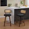 Set of 2 Counter Height Bar Stools - 26 inch Rattan Counter Height Stools with Cane Back, Upholstered Seat, Walnut Craftsmanship