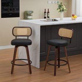 Set of 2 Counter Height Bar Stools - 26 inch Rattan Counter Height Stools with Cane Back, Upholstered Seat, Walnut Craftsmanship