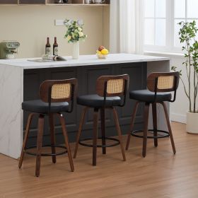 Set of 3 Counter Height Bar Stools - 26 inch Rattan Counter Height Stools with Cane Back, Upholstered Seat, Walnut Craftsmanship