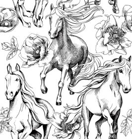 Black and White Peony Floral Horse Modern Peel and Stick Wallpaper Wall Decor Self Adhesive Wall Paper Stick on Easy Peel Off Contact Paper for Renter