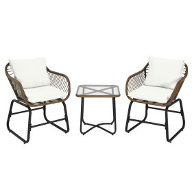 3 Pieces Patio Rattan Bistro Set with Cushions and Glass Table
