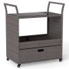 Handwoven PE Rattan Outdoor Bar Cart with Tempered Glass Top & Drawer, 4 Wheels with Brakes Serving Cart for Patio