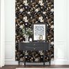 Dark Floral Wallpaper Peel and Stick Vintage Gold Leaf Contact Paper Black Floral Wallpaper Navy/Gold Leaf Waterproof Self-Adhesive Wall Covering for