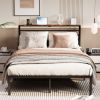 Queen Size Bed Frame with Charging Station, Platform Bed with Metal Slats, Upholstered Headboard with Storage Shelves, No Box Spring Needed, Black