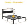 Queen Size Bed Frame with Charging Station, Platform Bed with Metal Slats, Upholstered Headboard with Storage Shelves, No Box Spring Needed, Black