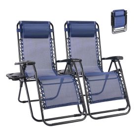 Set of 2 Zero Cravity Lounge Chairs,Outdoor Patio Folding Recliners for Pool Beach with Pillow and Cup Holder (Color: Blue)