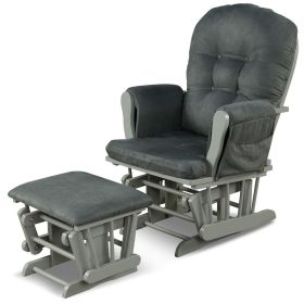 Wood Glider and Ottoman Set with Padded Armrests and Detachable Cushion (Color: Dark Gray)