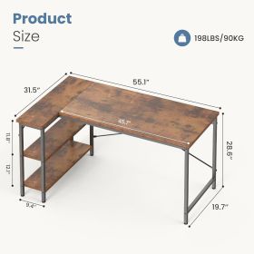 L-shaped office desk, 39-55inch computer desk, writing work desk with reversible storage rack (Color: brown/55in)