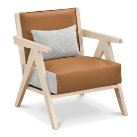 Mid-Century Modern Accent Chair Artificial Leather Sofa Chair with Rubber Wood Frame (Color: Brown)