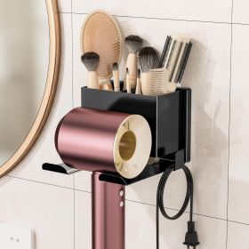 Hair Dryer Holder Wall Mounted, Metal Hair Dryer Holder for Bathroom, Blow Dryer Holder with Plug Cord Organizer (Color: Black)