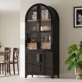 71" Tall Arched Kitchen Pantry Cabinet with Door Shelves, Farmhouse Kitchen Storage Cabinet with Open & Adjustable Shelves, Hidden Drawer & Glass Door (Color: Brown)