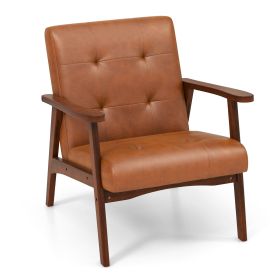 Mid Century Accent Chair with Solid Rubber Wood Frame and Leather Cover (Color: Light Brown)