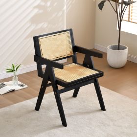 Vintage Solid Wood Rattan Chair, Arm Chair,Dining Chiar, For Dining Room, living Room, Outdoor, Natural (Material: Solid Wood+Rattan, Color: Black)